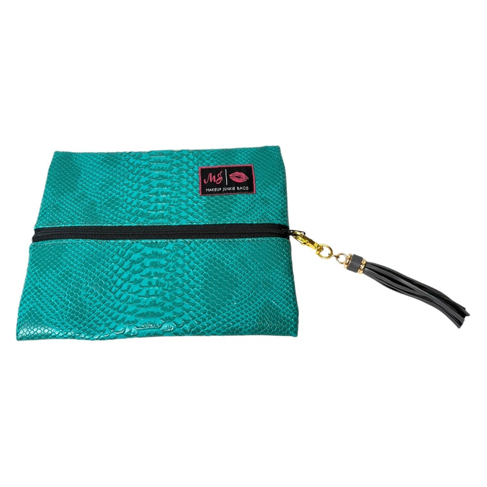 Makeup Junkie Bag Teal Snakeskin Embossed Cosmetic Pouch with Tassel‎ Small